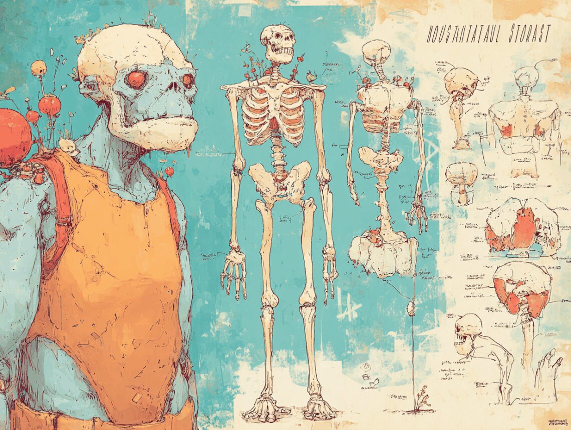 Diagramme évolutionniste d'orc avec stades de développement, coupes anatomiques et nomenclature scientifique