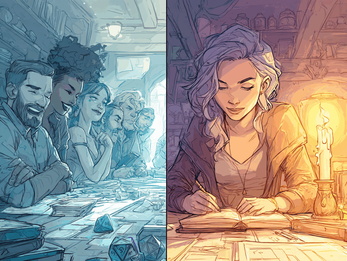 Peinture numérique, composition divisée montrant deux scènes contrastées séparées verticalement - le côté gauche montre un groupe de cinq amis divers riant autour d'une table couverte de livres RPG, de feuilles de personnage, de dés et de boîtes de pizza sous un éclairage vif, le côté droit montre la même personne seule dans un espace calme, écrivant paisiblement dans un journal à la lumière des bougies avec une expression contemplative, les deux scènes partageant des éléments de fantasy similaires (dés, cartes, art des personnages), dans des espaces de jeu modernes (gauche : magasin de jeux animé ou salon, droite : coin de chambre confortable), cadre contemporain en soirée, rendu dans un style d'illustration graphique avec un récit visuel clair, palette de couleurs équilibrée avec des couleurs sociales chaudes à gauche (oranges, rouges) et des tons introspectifs froids à droite (bleus, violets), transmettant des expériences complémentaires et non de la compétition