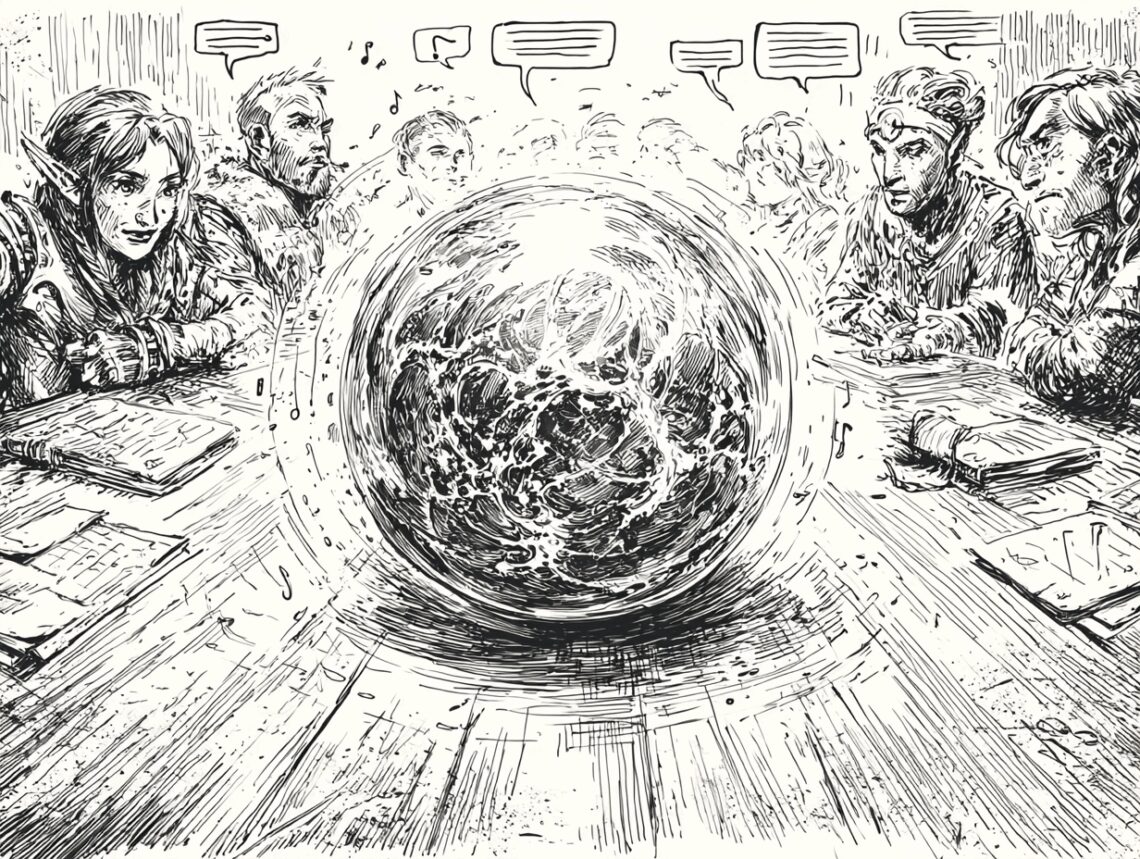 Une image montrant une bulle de dialogue avec du texte déformé et chaotique, entourée de plusieurs bulles de parole claires représentant des joueurs distincts autour d'une table de JDR. Des symboles sonores (ondes, notes de musique, bruit de dés) se mélangent à travers la bulle déformée de l'IA, illustrant la difficulté de la reconnaissance vocale multi-locuteurs dans un environnement bruyant. Le ton est légèrement frustré mais avec une touche d'humour.