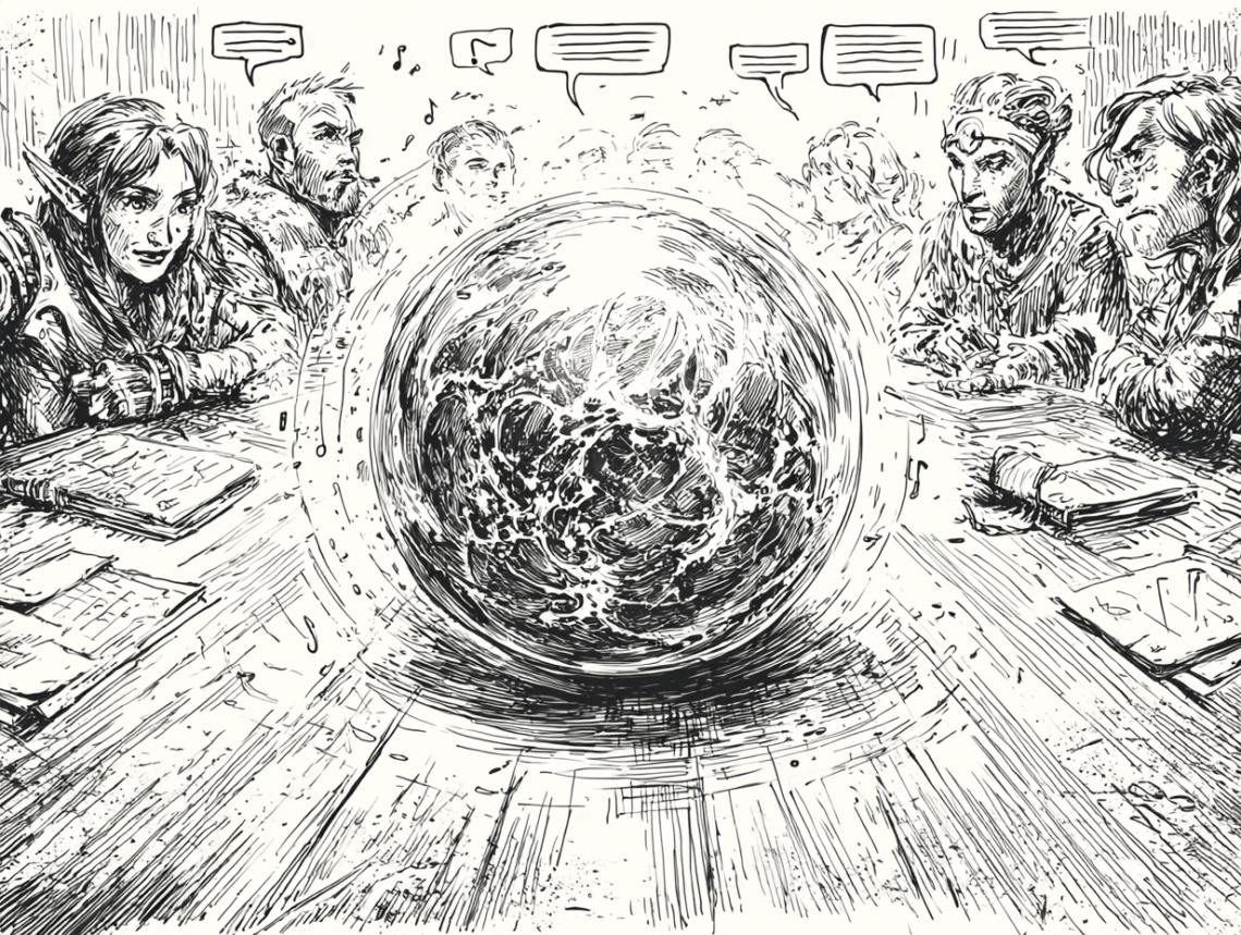L'IA comme Maître du Jeu : révolution ou simple gadget ? 3 Une image montrant une bulle de dialogue avec du texte déformé et chaotique, entourée de plusieurs bulles de parole claires représentant des joueurs distincts autour d'une table de JDR. Des symboles sonores (ondes, notes de musique, bruit de dés) se mélangent à travers la bulle déformée de l'IA, illustrant la difficulté de la reconnaissance vocale multi-locuteurs dans un environnement bruyant. Le ton est légèrement frustré mais avec une touche d'humour.