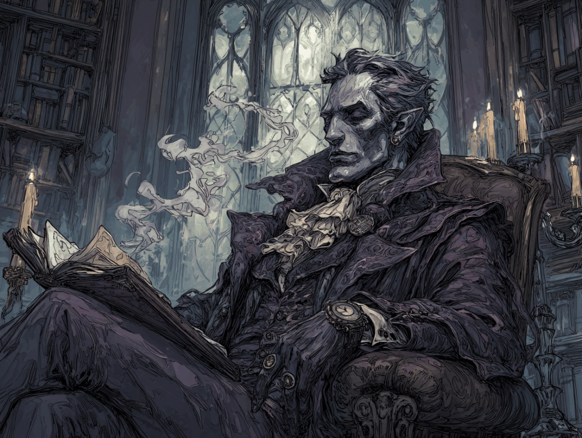 Illustration d'un vampire moderne en train de lire un journal.
