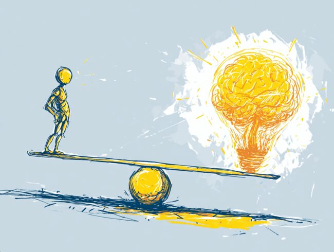 illustration épurée et ludique d'une balance stylisée. D'un côté de la balance, un personnage stylisé de Maître du Jeu (MJ) avec une tête minuscule et une posture un peu affaissée, symbolisant l'atrophie créative. De l'autre côté, le même personnage de MJ avec une tête disproportionnellement grande, presque un cerveau sur-développé et lumineux, rayonnant d'idées. La balance penche nettement du côté du MJ au cerveau sur-développé, suggérant que l'amplification créative est le résultat dominant ou souhaité. Le style est minimaliste, avec des couleurs vives et des lignes nettes. Le fond est uni pour faire ressortir les personnages et la balance.