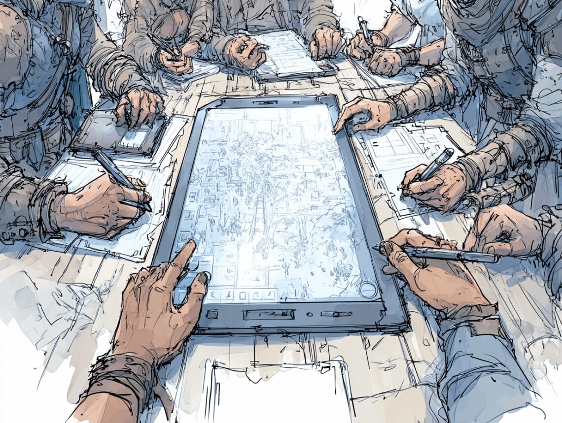 Illustration stylisée et épurée avec des joueurs autour d'une table de jeu de rôle.