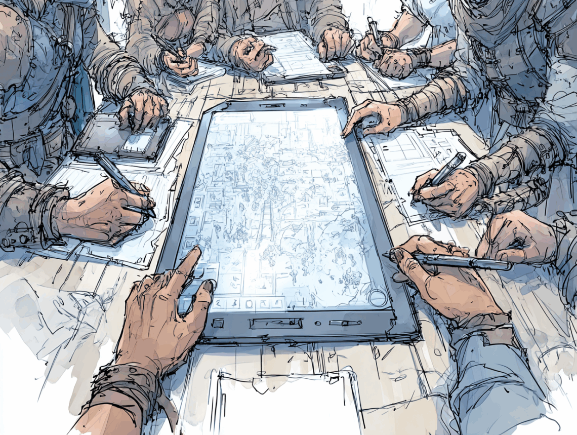 L'IA comme Maître du Jeu : révolution ou simple gadget ? 6 Illustration stylisée et épurée avec des joueurs autour d'une table de jeu de rôle.
