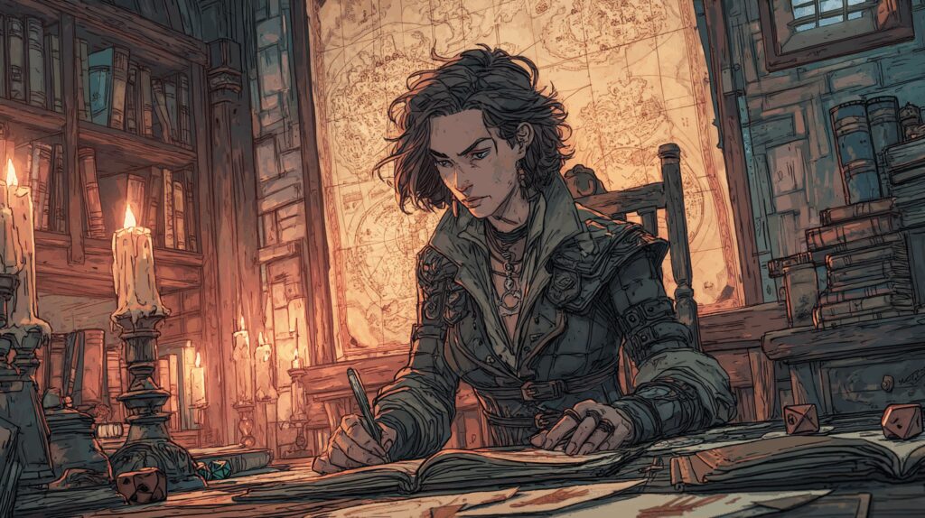 A lone adventurer sitting at a wooden desk