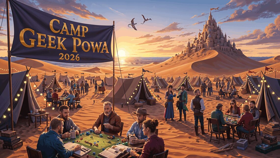 Lignettes du Camp Geek Powa 2026 : illustration des châteaux de sable géants des prémonts dans le ciel et des tentes de rolistes