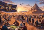 Lignettes du Camp Geek Powa 2026 : illustration des châteaux de sable géants des prémonts dans le ciel et des tentes de rolistes