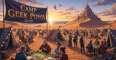 Lignettes du Camp Geek Powa 2026 : illustration des châteaux de sable géants des prémonts dans le ciel et des tentes de rolistes