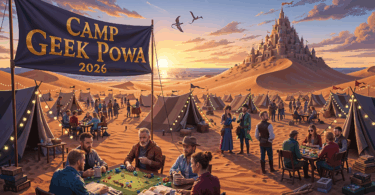 Lignettes du Camp Geek Powa 2026 : illustration des châteaux de sable géants des prémonts dans le ciel et des tentes de rolistes