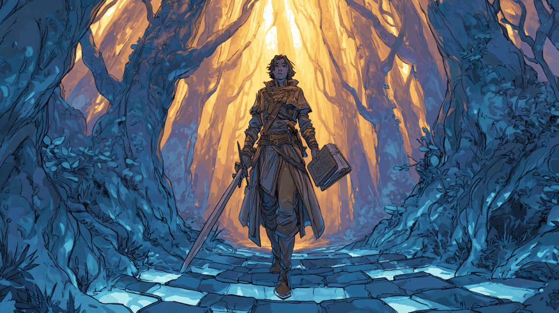 Illustrations Personnage une rodeuse epais et livre a la main avance sur la route de laventure