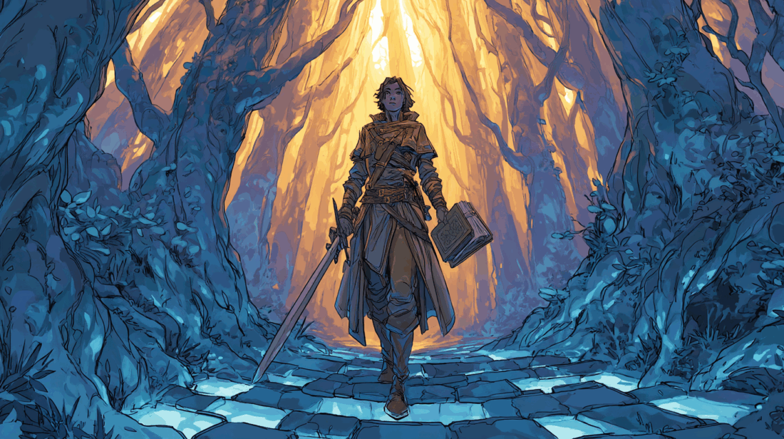 Illustrations Personnage une rodeuse epais et livre a la main avance sur la route de laventure