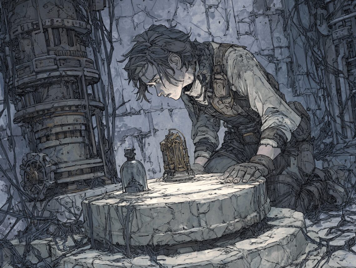 Une aventurière observe un objet aux propriétés étranges