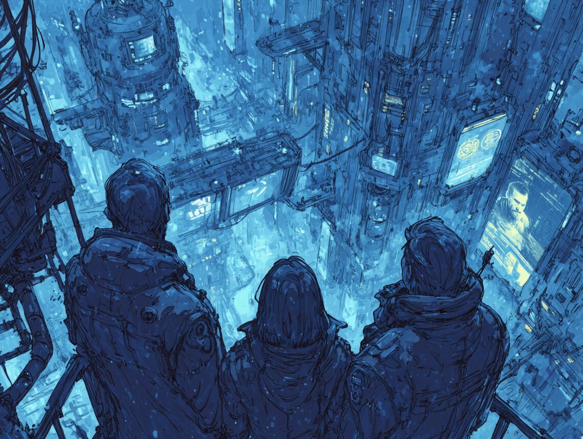 Scène de jeu de rôle cyberpunk. Trois personnages observent une même scène