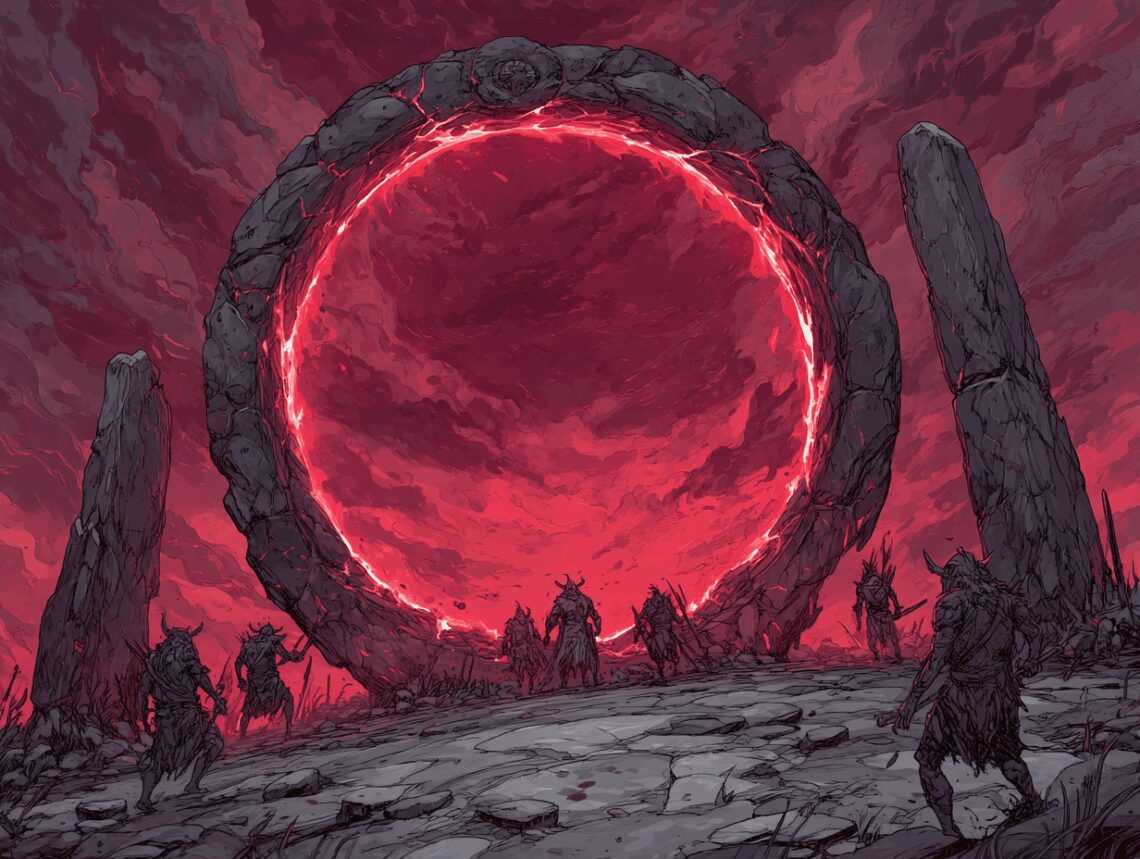 Une arche étrange dans un ciel rouge-ouaillant, des personnages mystérieux