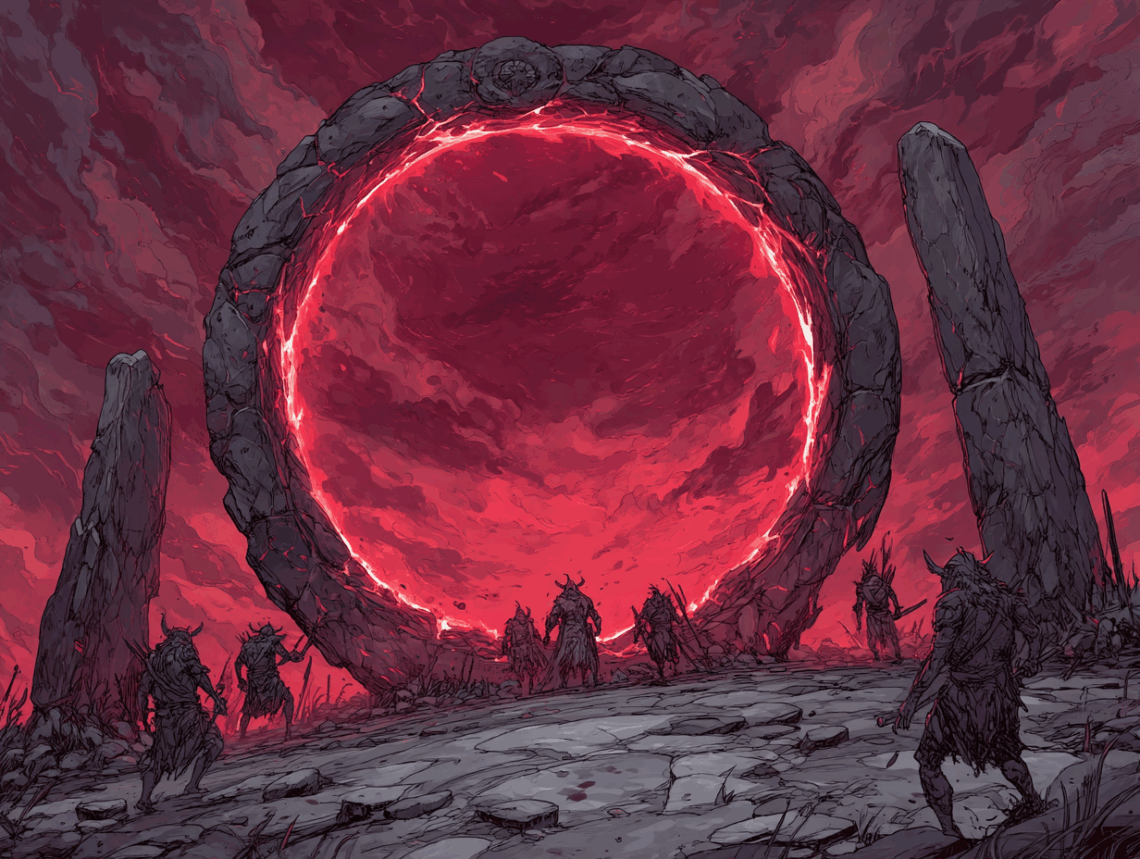 Une arche étrange dans un ciel rouge-ouaillant, des personnages mystérieux