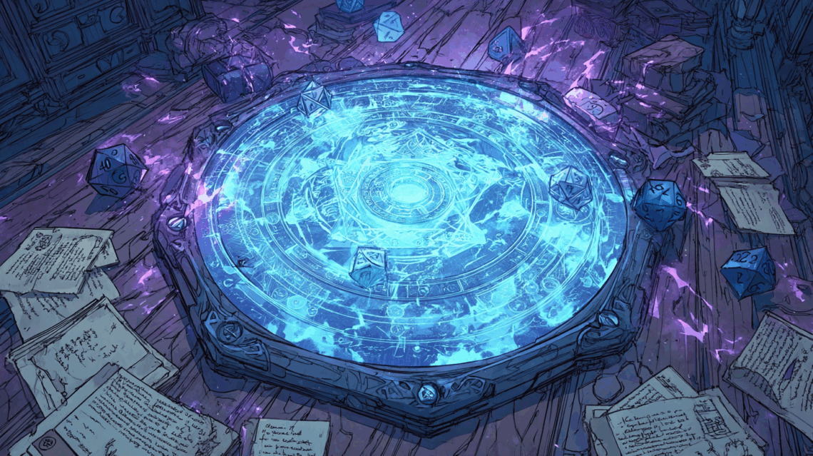 Illustration digitale d'une table d'oracle pour les systèmes de jeu de rôle. Elle semble être autonome et alimentée par des LLM