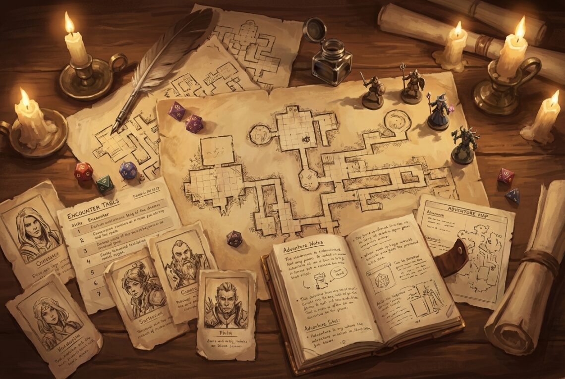 Bureau de maître du jeu fantasy avec cartes de donjon, notes d'aventure, dés et figurines pour préparer des sessions JDR