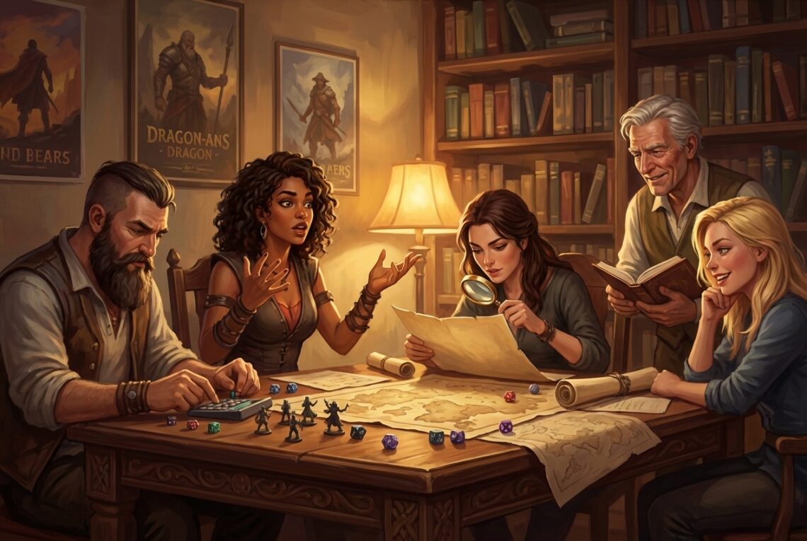 Groupe de joueurs de jeu de rôle autour d'une table avec cartes et dés, montrant différents styles d'engagement en partie