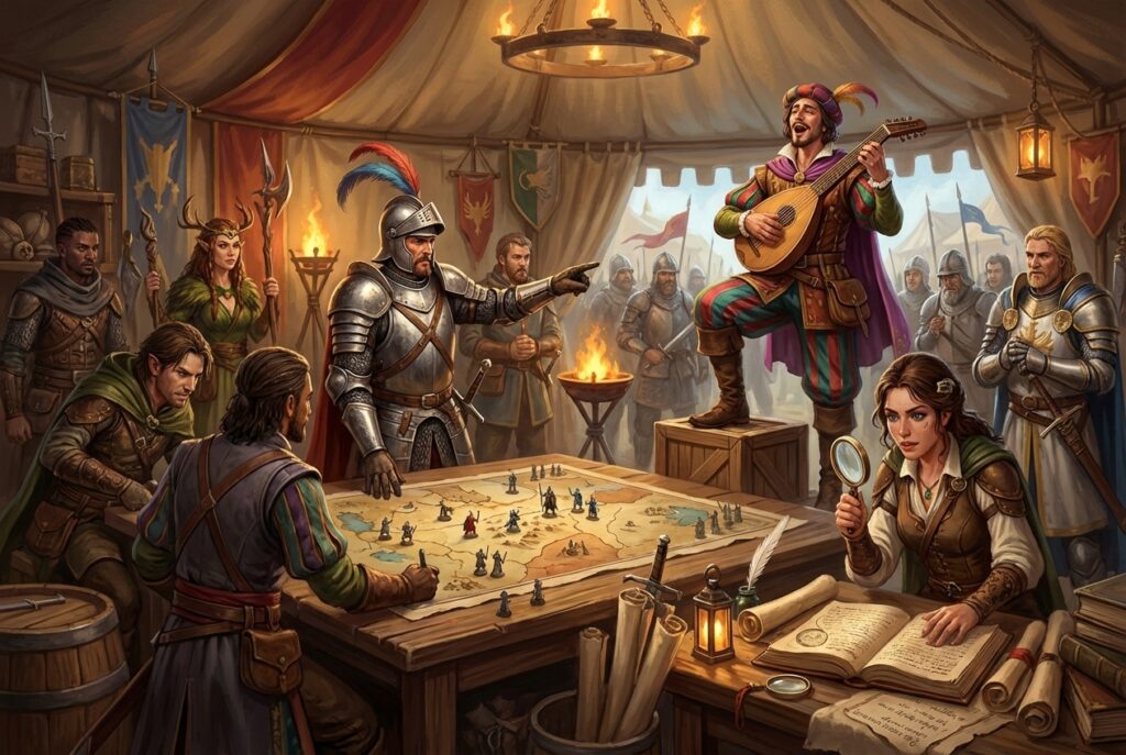 La foire aux aventuriers dans une tente remplie de PJs de jeu de role