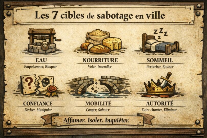 Infographie des 7 cibles de sabotage en ville médiévale fantastique