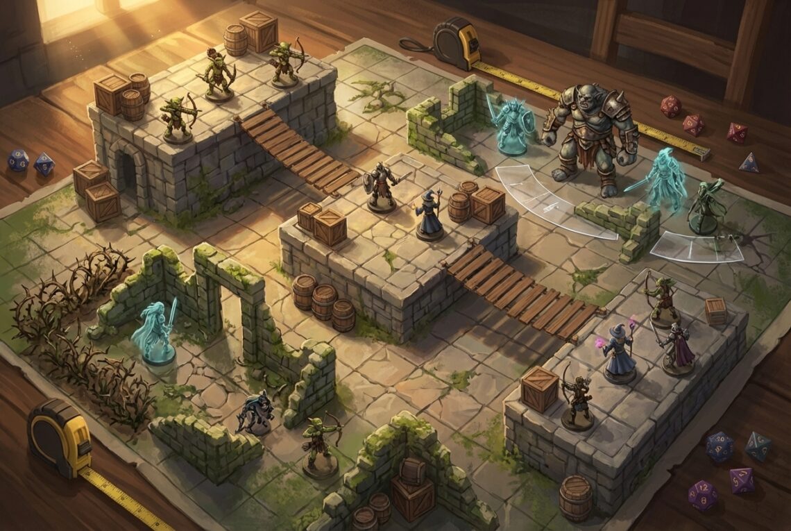 Carte de combat tactique détaillée avec terrain varié, monstres positionnés et figurines pour rencontre JDR stratégique