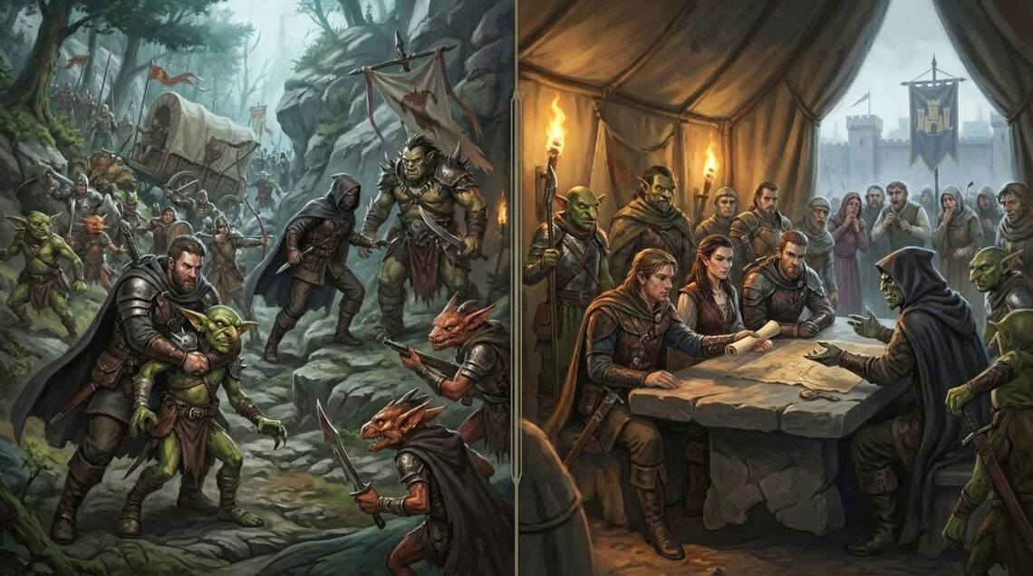 Diptyque d'illustration. À gauche les humains contre-attaquent sur les gobelins et les kobolds. À droite négociation d'un traité de paix