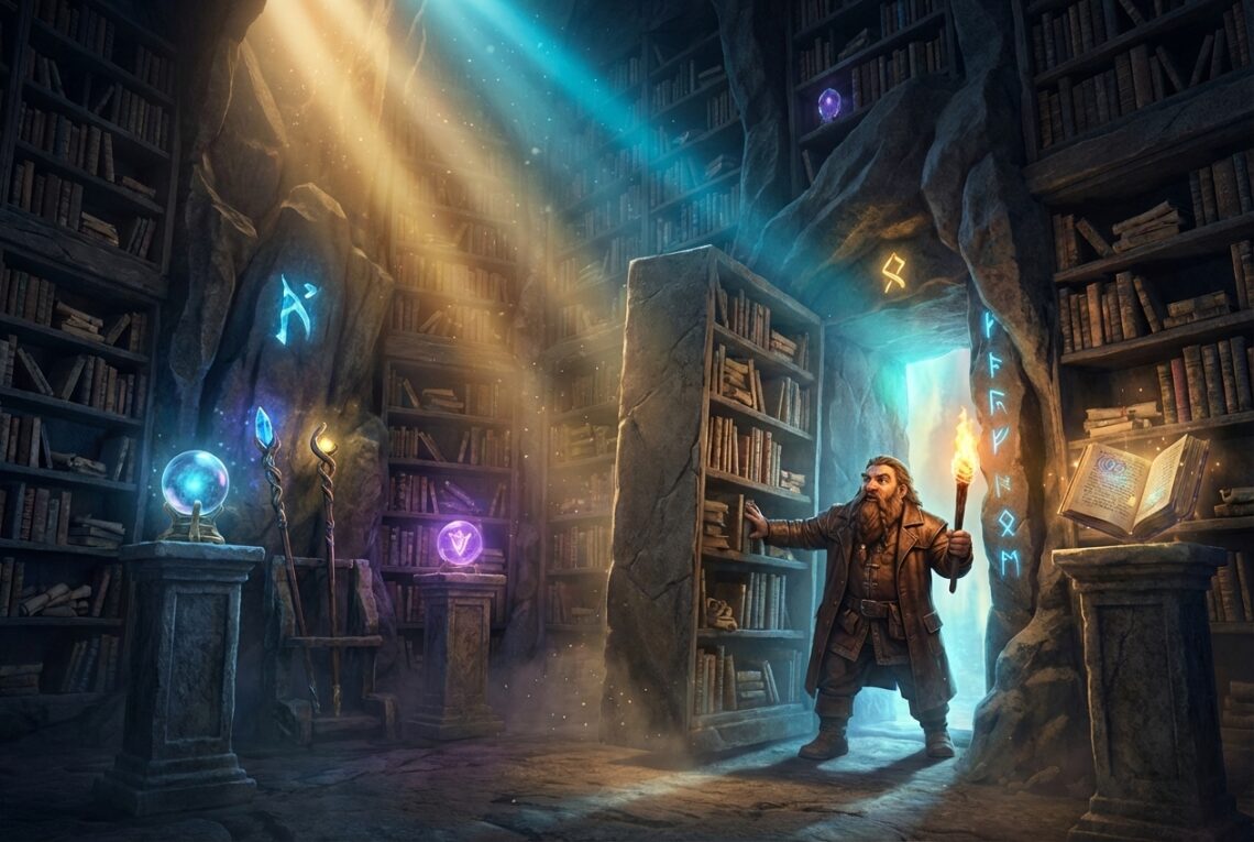 Un nain decouvre une salle secrete dans une aventure de Donjons et Dragons