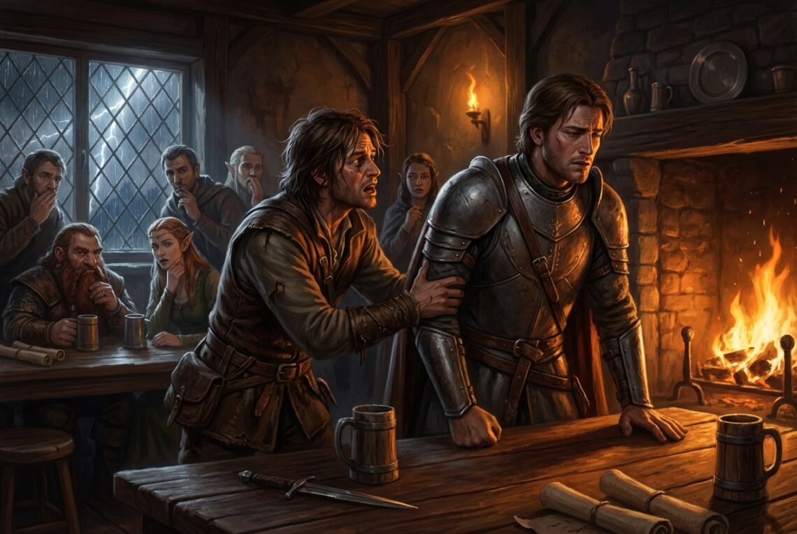 Scène dramatique de roleplay entre deux personnages dans une taverne fantasy avec éclairage cinématographique émotionnel