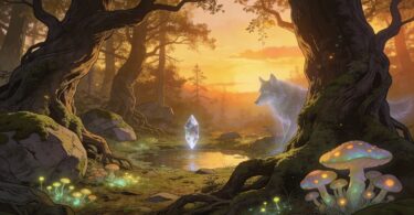 Illustration, médiocres fantastiques, forêt paisible, un cristal surnaturel et un loup fantomatique