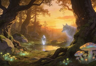 Illustration, médiocres fantastiques, forêt paisible, un cristal surnaturel et un loup fantomatique