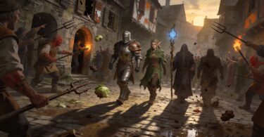 Une illustration médiévale fantastique avec des villageois qui lancent des trucs sur les joueurs