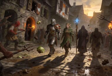 Une illustration médiévale fantastique avec des villageois qui lancent des trucs sur les joueurs
