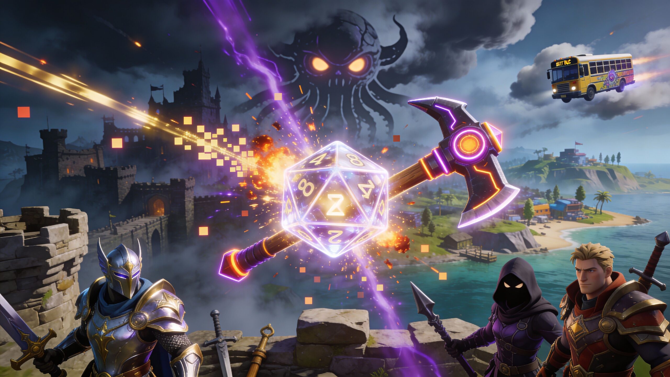 Illustration du mix des univers de Fortnite et de Donjons et Dragons