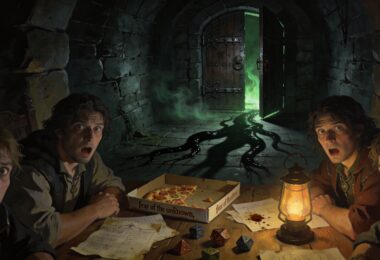 Des joueurs de jeu de rôle sur table mangeant une pizza sont effrayés par l'ombre d'un monde