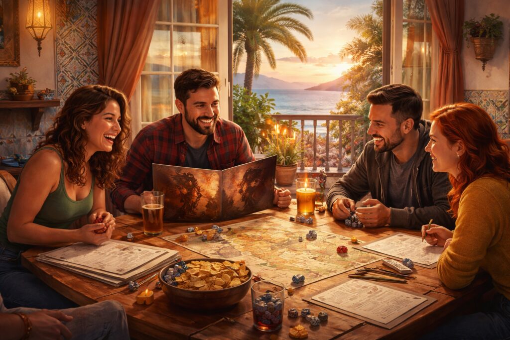 4 rolistes espagnole en pleine partie de jeu de rôle sur table