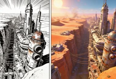 Deux versions d'une même scène, l'une en manga, l'autre en version 3D animation