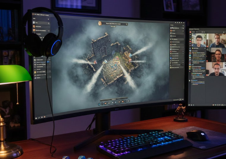 Bureau gaming avec ecran affichant une carte de bataille Foundry VTT et webcams Discord pour une session de jeu de role en ligne