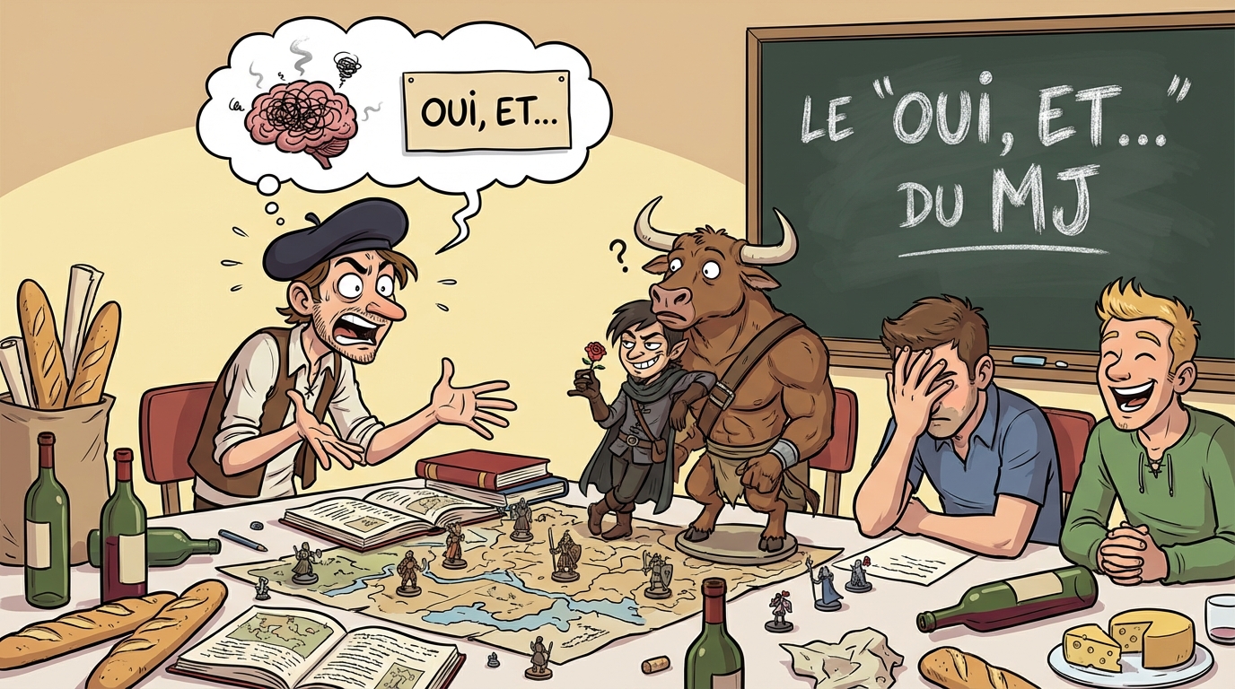 Une table de jeu de rôle où les joueurs font des propositions abracardanbramtes.