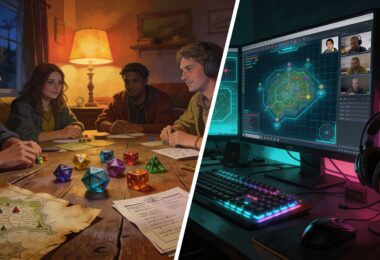Illustration comparant une partie de jeu de rôle en présentiel autour d'une table et une session de JDR en ligne sur table virtuelle avec webcams