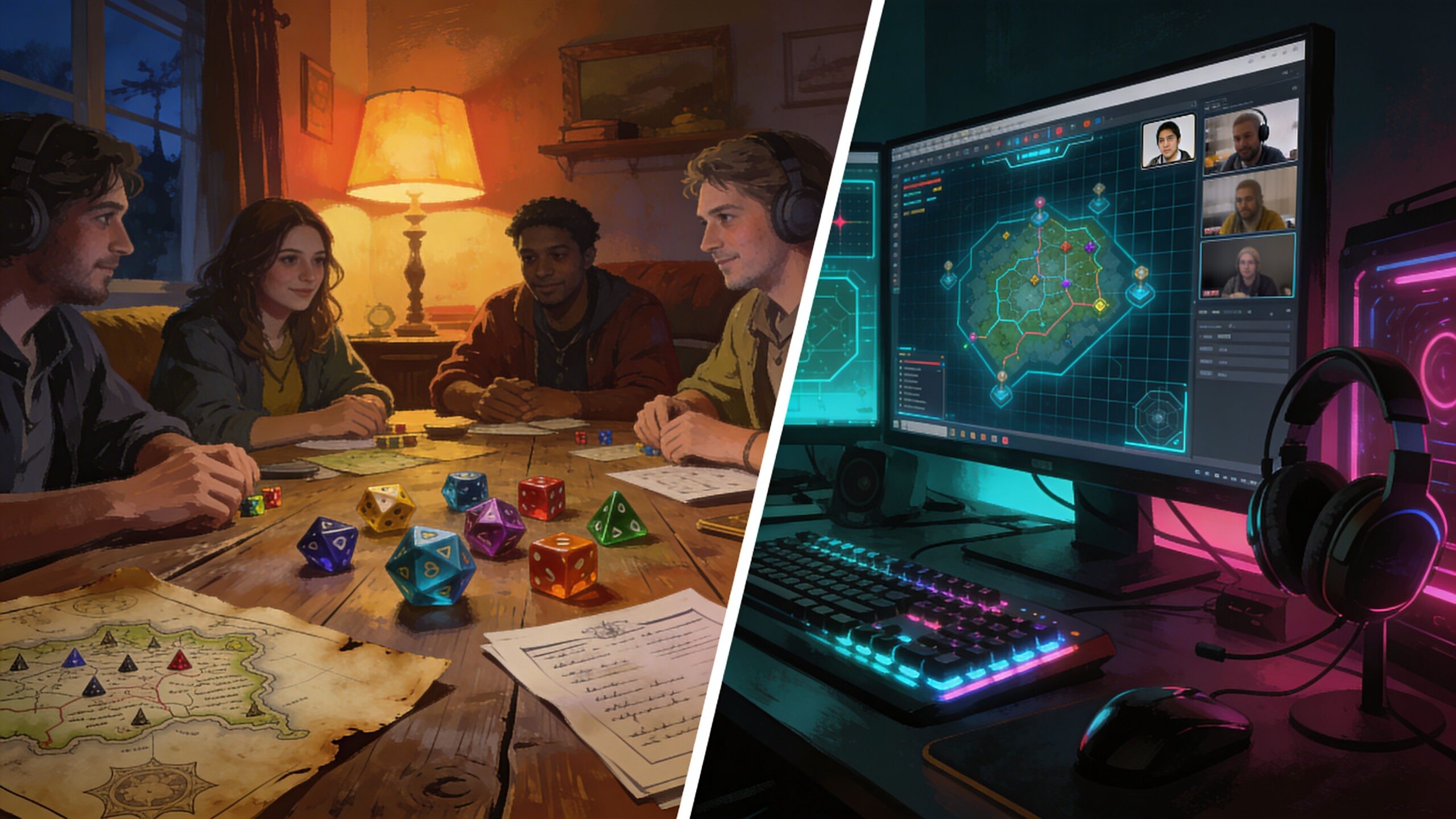 Illustration comparant une partie de jeu de rôle en présentiel autour d'une table et une session de JDR en ligne sur table virtuelle avec webcams