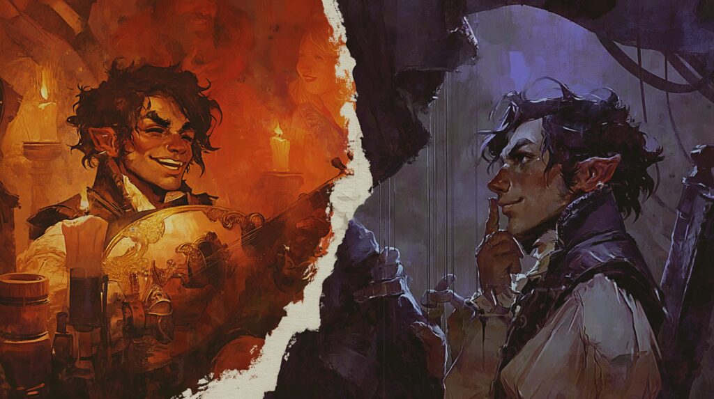 Barde halfelin divisé en deux, côté musicien souriant dans une taverne chaleureuse et côté manipulateur tirant des fils dans une salle du trône