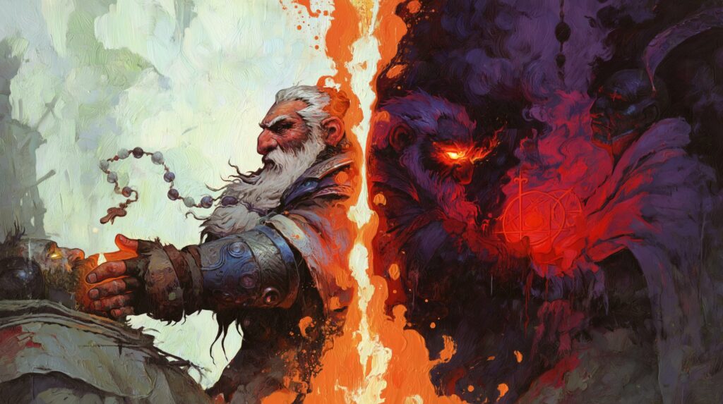 Clerc nain divisé en deux, côté guérisseur aux mains lumineuses soignant un blessé et côté inquisiteur aux yeux brûlants marquant un hérétique au fer