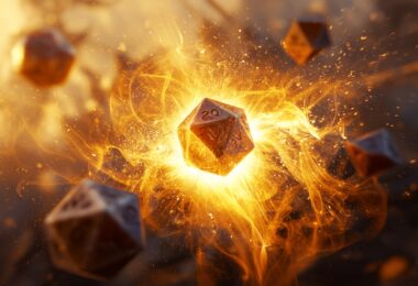 A d20 die showing a natural 20 exploding with golden light and arcane energy, surrounded by floating damage dice (d6, d8, d12) in mid-air, epic fantasy battle scene blurred in background, cinematic golden hour lighting with particle effects, fantasy art digital painting style with dramatic composition