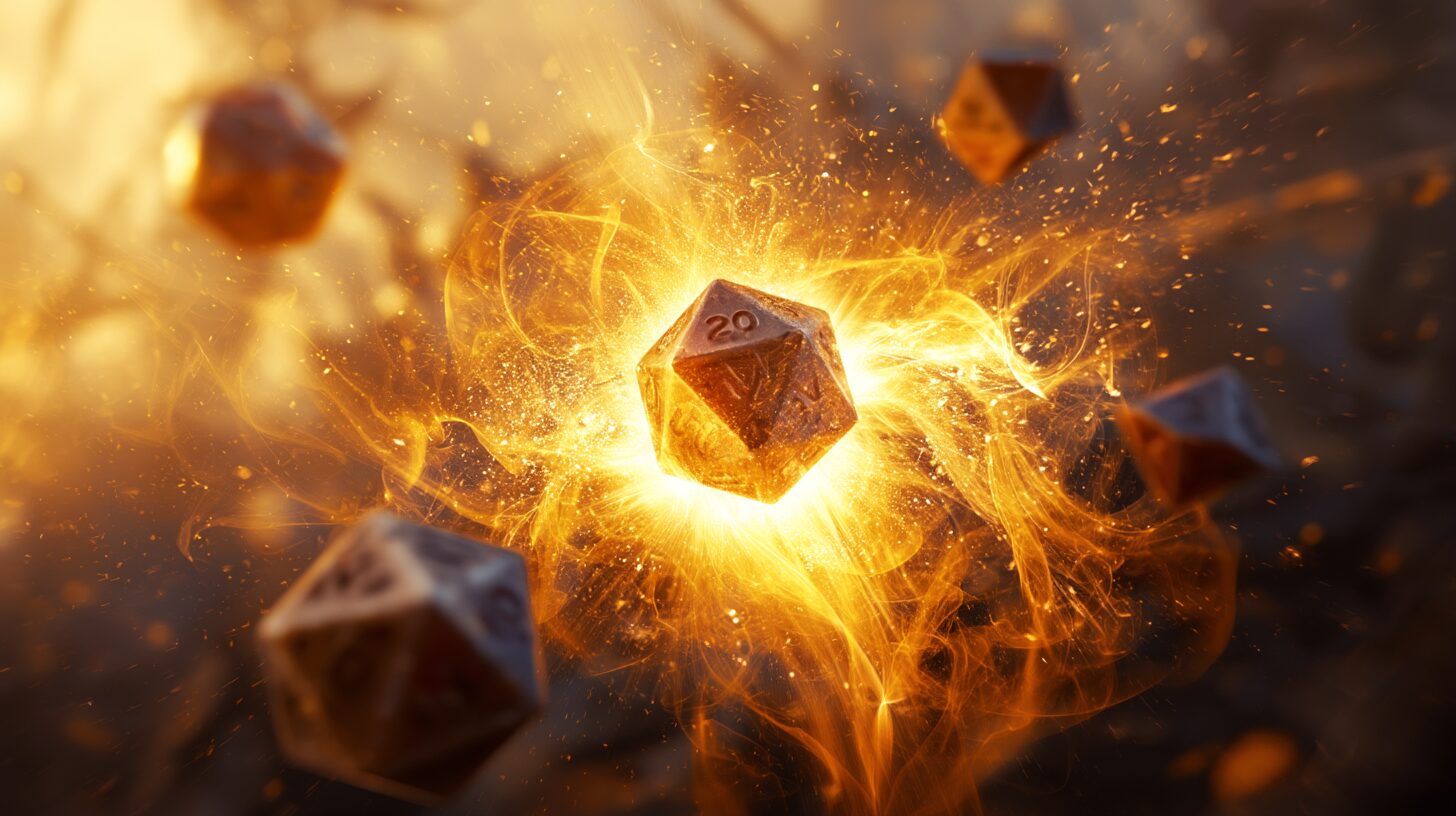 A d20 die showing a natural 20 exploding with golden light and arcane energy, surrounded by floating damage dice (d6, d8, d12) in mid-air, epic fantasy battle scene blurred in background, cinematic golden hour lighting with particle effects, fantasy art digital painting style with dramatic composition