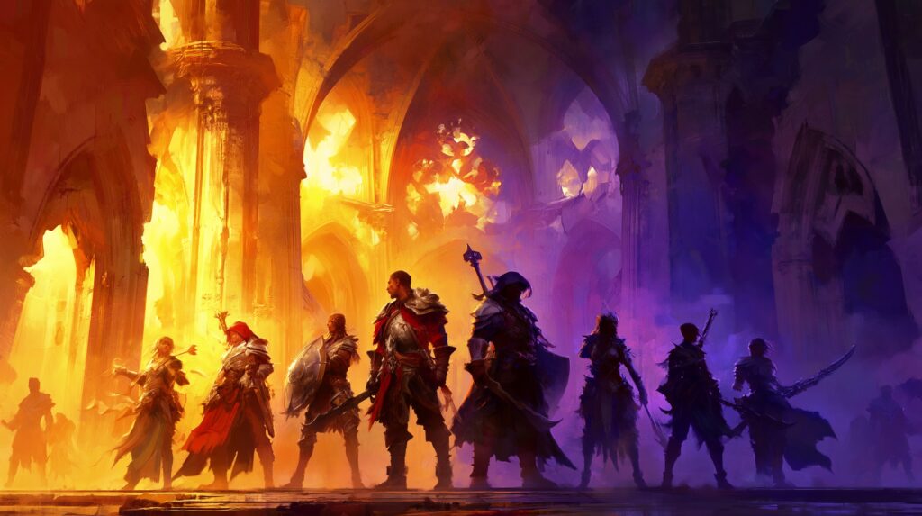 Illustration médiéval fantastique stylisée. Deux groupes d'aventuriers antagonistes. Les gentils sont dans le côté lumineux. Les méchants sont dans le côté sombre.