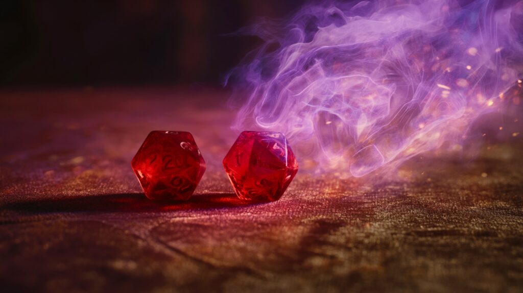De dés rouges à 20 faces sur une table avec un peu de lumière, d'effets spéciaux.
