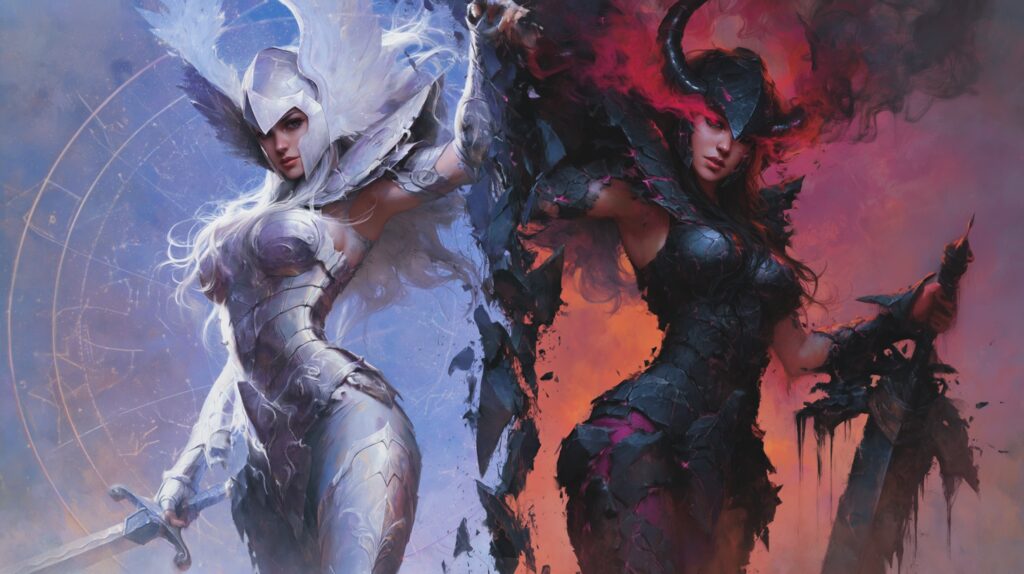 Chevalière divisée en deux, côté armure argentée ailée baignée de lumière stellaire et côté armure noire fissurée dégageant une brume rouge sang