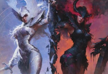 Chevalière divisée en deux, côté armure argentée ailée baignée de lumière stellaire et côté armure noire fissurée dégageant une brume rouge sang