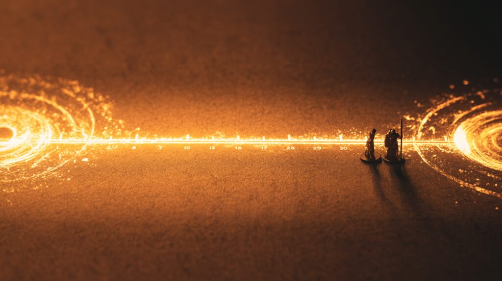 A visual metaphor showing a horizontal number line from 1 to 30 with glowing boundaries at both ends like magical force fields, a level 1 adventurer miniature and a level 20 hero miniature standing surprisingly close together on the line, tabletop miniature photography style with tilt-shift effect, warm studio lighting