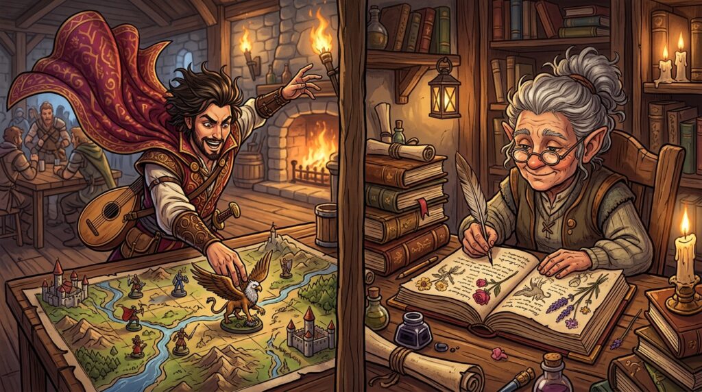 Portrait double style cartoon DnD : un barde humain flamboyant dirigeant une scène sur la carte de combat et un gnome érudit nostalgique écrivant dans son journal de campagne